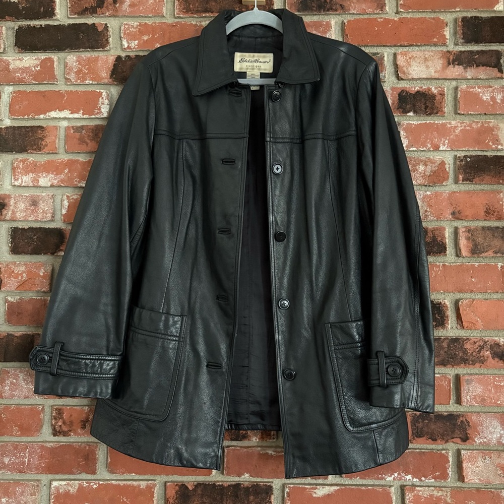 Vintage Y2K Eddie Bauer Women’s Black Leather Car Coat Casual Streetwear Sz L - Picture 2 of 13